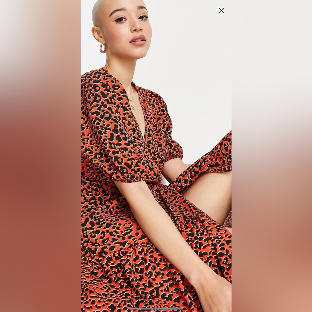ASOS wrap front tiered smock midi dress in red animal print - Picture 2 of 7